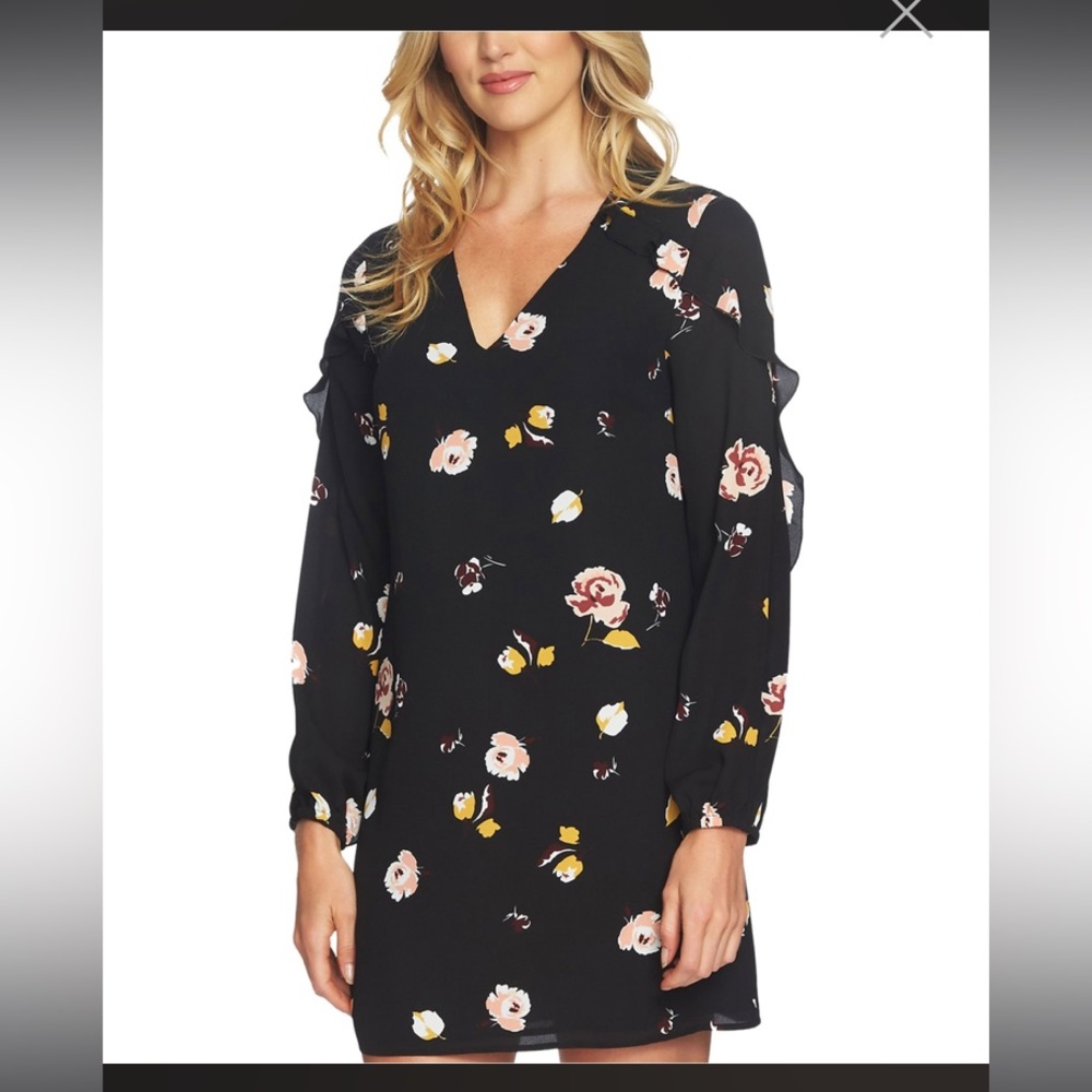 $119  1. State black floral V neck long sleeve shift dress with ruffle detail XL